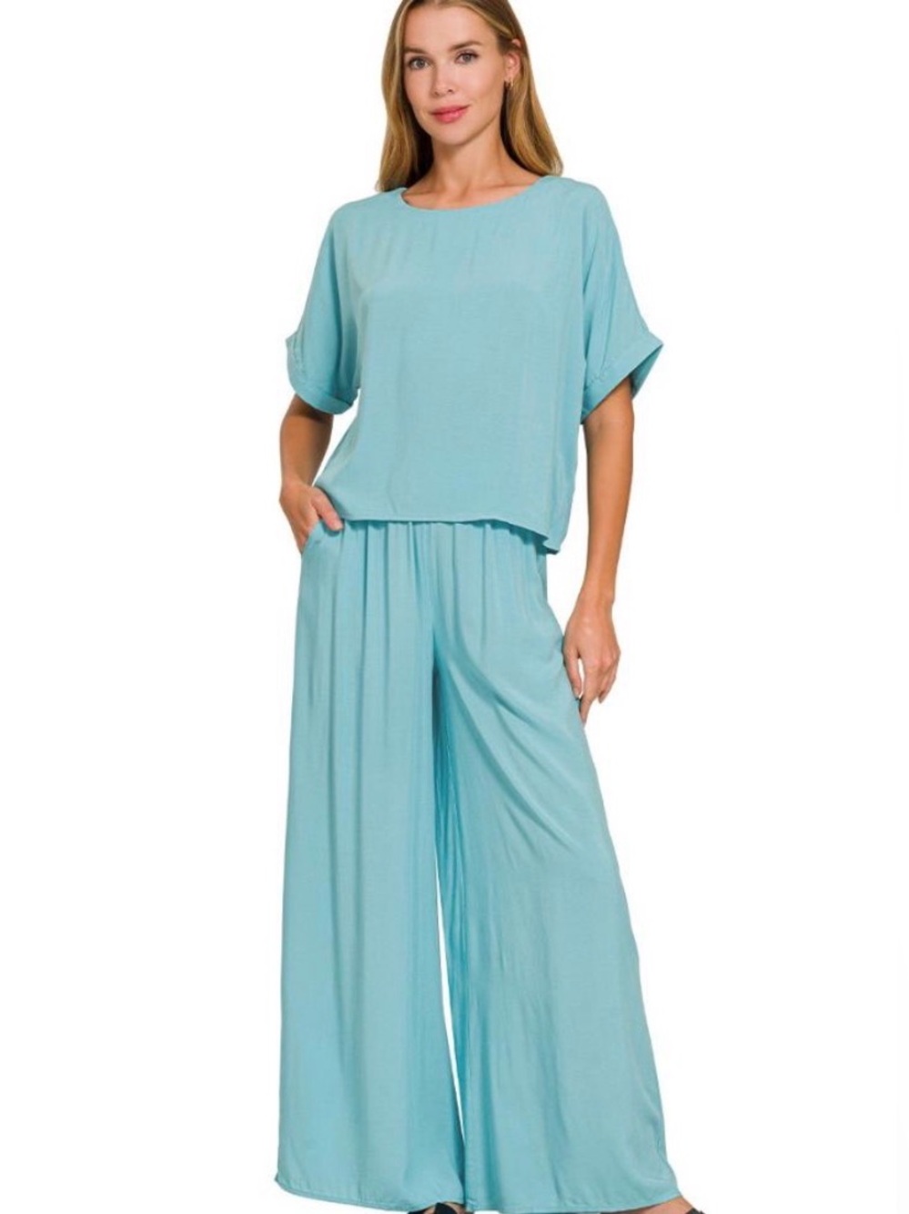 Zenanna Set Wide-Leg Pull On Pants Short Sleeve Top Dusty Turquoise Medium